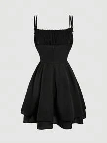 SHEIN MOD Women's Solid Color Lace Up Tie Spaghetti Strap Dress - Black - View 2