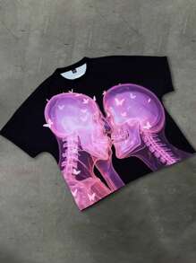 PAVTROS Manfinity Streetrush Men's Casual Skeleton Slogan Print T-Shirt For Summer - Black - View 5