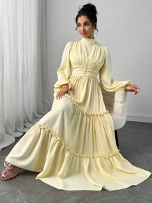 Veilorie 女士纯色立领灯笼袖荷叶边优雅连衣裙，淡黄色连衣裙，女士荷叶边层叠连衣裙，秋季女装 - 黃色 - 查看 6