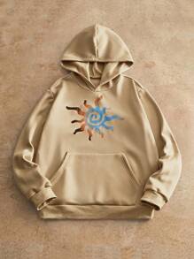 Manfinity NXTstreet 男士休闲针织太阳图案水印花连帽衫，适合日常穿着 男士连帽衫 图案男士连帽衫 套头衫 男士连帽衫 太阳图案连帽衫，Emo 风格，2000 年代风格，适合秋冬 - 卡其色 - 查看 1