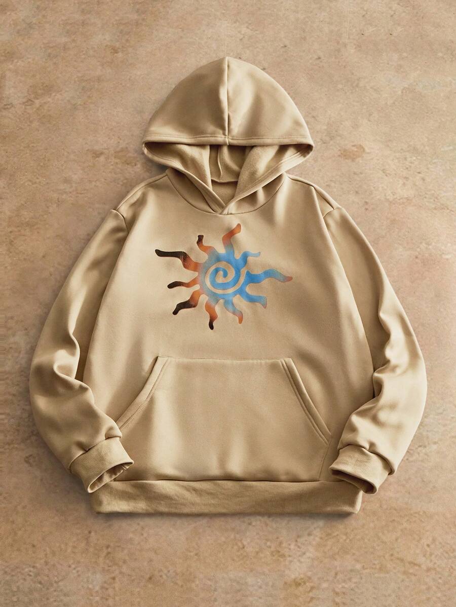 Manfinity NXTstreet 男士休闲针织太阳图案水印花连帽衫，适合日常穿着 男士连帽衫 图案男士连帽衫 套头衫 男士连帽衫 太阳图案连帽衫，Emo 风格，2000 年代风格，适合秋冬 - 卡其色 - 查看 1
