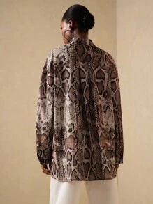 Vesra Women's Minimalist Snake Skin Print Long Sleeve Shirt, Commuter Style - Khaki - View 2