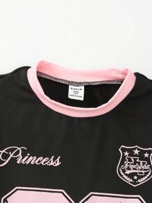 SHEIN Conjunto de camiseta casual de verano para niñas, estilo vintage americano con estampado de números y letras inglesas con lazo en color rosa, camiseta de punto de cuello redondo y manga corta combinada con pantalón de tela tejida de color rosa sólido con diseño de cinta rosa y lazo 3D rosa, conjunto de 2 piezas, adecuado para volver al colegio, uso diario casual, moda, exterior, viajes, fotografía, estilo callejero Y2K, ropa de vuelta al colegio, ropa de graduación - Multicolor - Ver 9