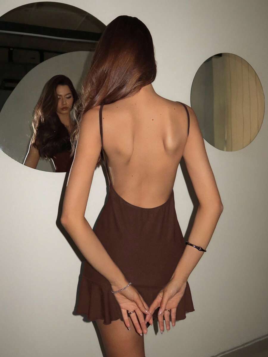 SHEIN ICON 女式纯色细肩带性感露背迷你连衣裙 - 棕色 - 查看 1