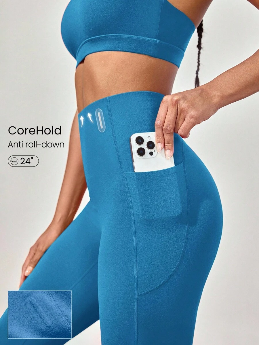 GLOWMODE 24 英寸 CoreHold FeatherFit™-Sculpt CoreHold 防滑贴身塑形无前缝紧身裤，带侧袋，中等强度健身慢跑健身房训练 - 漫遊藍 - 查看 1