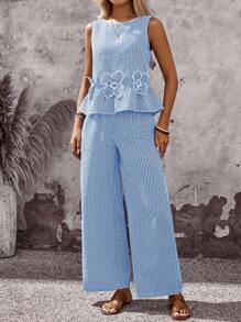 Sylviya 女士两件套夏季服装，适合度假穿着，包括外出上衣、度假套装、格纹夏季套装、沙滩装、夏季裤装、沙滩两件套等。 - 藍色 - 查看 4