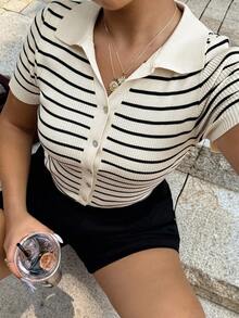 Dripcurv Women Striped Collared Cardigan Short Sleeve Jacket