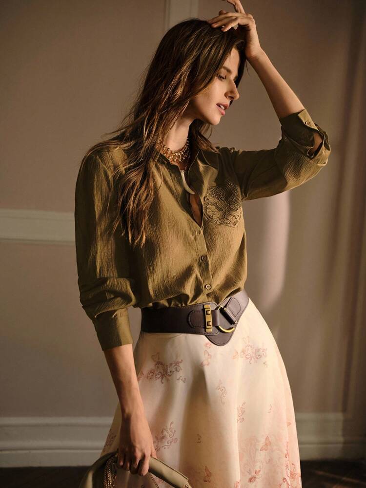SOLID GUIPURE LACE PATCHED POCKET LONG SLEEVE SHIRT
