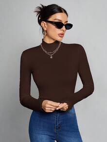 SHEIN Tall 簡單純色修身高領棕色上衣，適合秋冬，高個女性穿著 - 棕色 - 查看 3