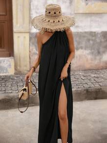 Brillora Vestido de corte de hombro único de unicolor tejido para vacaciones para mujeres - Negro - Ver 7