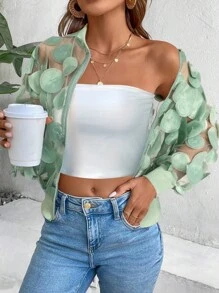 EMERY ROSE Solid Color 3D Mesh Sheer Long Sleeve Bomber Jacket Casual Outfits Spring Clothes For University Fall Winter Cloth For Women