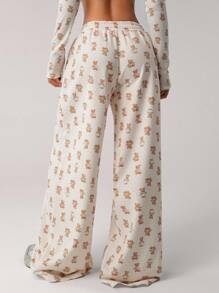 SHEIN ICON 女式宽松休闲熊印花运动裤 - 白色 - 查看 2