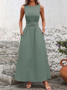 SHEIN Clasi Summer Casual Solid Color Cinched Waist Sleeveless Dress