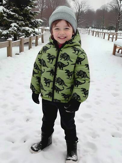 1pc Young Boy's Thick Dinosaur Print Casual Long Sleeve Cotton Jacket, Suitable For Daily Wear, Commuting, School, Autumn/Winter, Outdoor Activities Fall