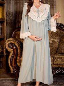 SHEIN Floral Embroidery Patchwork V-Neck Ruffle Trim Long Sleeve Maternity Nightgown, For Fall, Winter