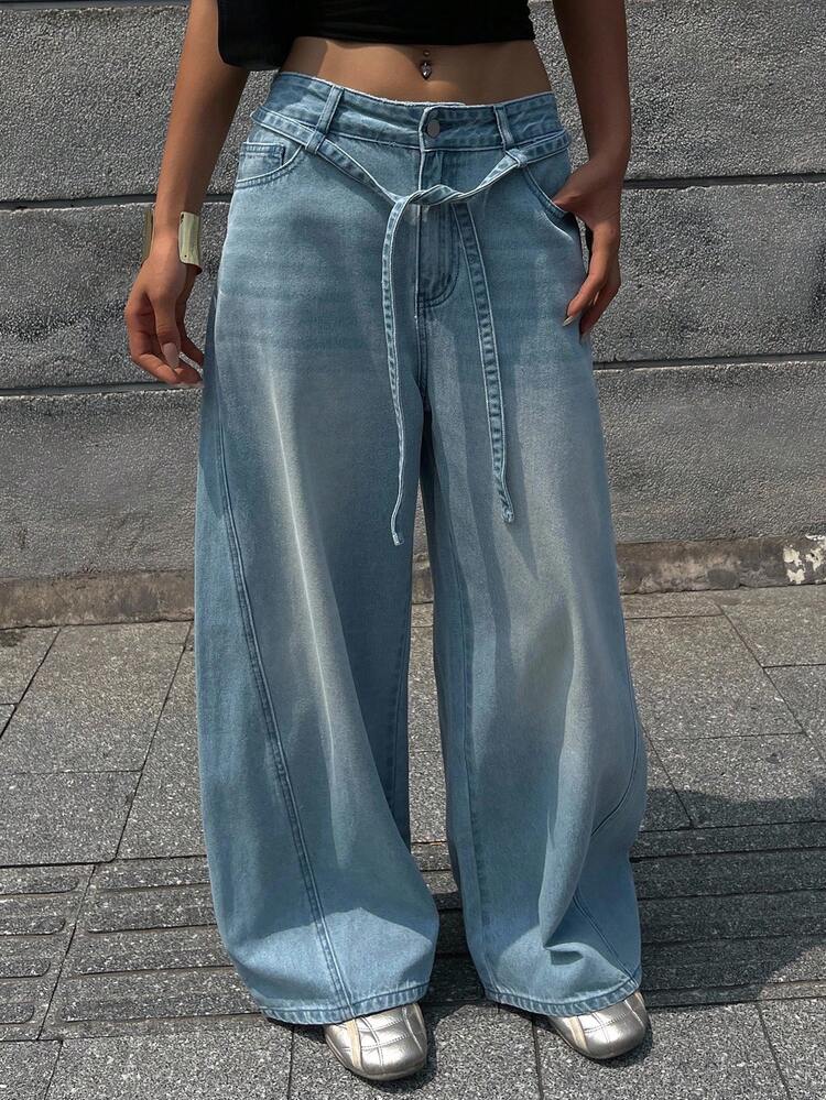 DAZY Quần jeans ống rộng cạp cao buộc dây màu xanh cổ điển dành cho nữ, đa năng - Rửa nhẹ - Xem 6