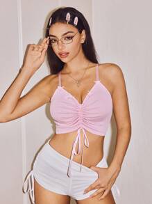 Lowkey Lull Pink Textured Fabric Pleated Bowknot Strap Padded Bust Casual Camisole Top, Sweet & Cute, Minimalist Fashion, Slim Fit, Suitable For Party, Vacation - Pink - View 3