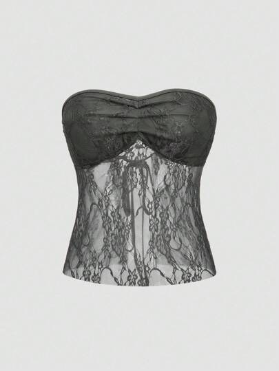 EgrlEra Conjunto de top sin tirantes de encaje Y2K para mujer