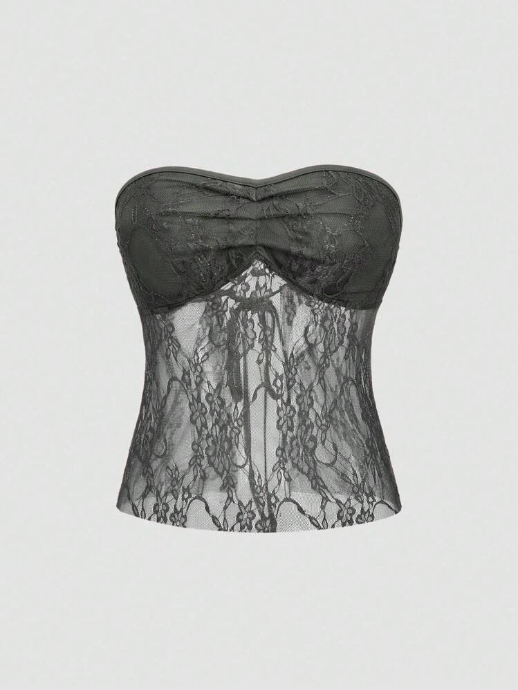 EgrlEra Women's Strapless Lace Top Y2K - Grey - View 1