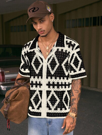 AXEPEAK Men's Geometric Pattern Hollow Out Short Sleeve Single-Breasted Knit Top