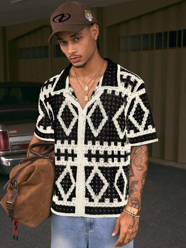 AXEPEAK 男士几何图案镂空短袖单排扣针织上衣