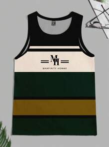 Solurane Men's Summer Letter & Stripe Print Round Neck Casual Tank Top - Dark Green - View 2
