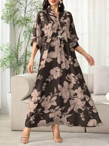 Al Najma 2025夏季新款阿拉伯风格女中袖碎花连衣裙，休闲度假时尚长款衬衫 - 咖啡棕 - 查看 4