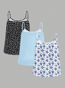 SHEIN EZwear 3 件套大码花卉印花休闲吊带背心，夏季适用，黑/白 & 蓝/白 - 彩色 - 查看 2