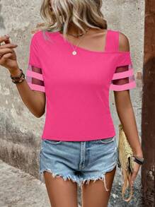 SHEIN LUNE Camiseta casual de vacaciones para mujer con cuello asimétrico, manga corta y parches de malla