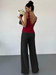 Firerie 新款优雅露背碎花女式衬衫，露背上衣，夏季节日优雅婚礼宾客上衣女士教堂度假 - 酒紅色 - 查看 2