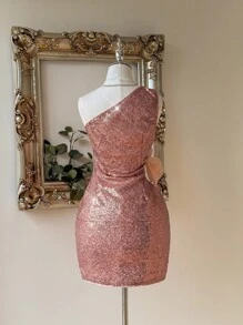 SHEIN Belle Elegant Champagne Pink Fine Sequined One-Shoulder Bodycon Dress,Gorgeous Oversized Stereo Floral Decor Wedding Guest Party Bachelorette Prom Cocktail - Champagne - View 6