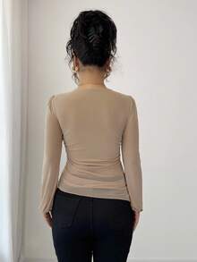Elenzga Elegant Ruffle V-Neck Lantern Sleeve Women T-Shirt Fall Cloth For Women - Camel - View 2