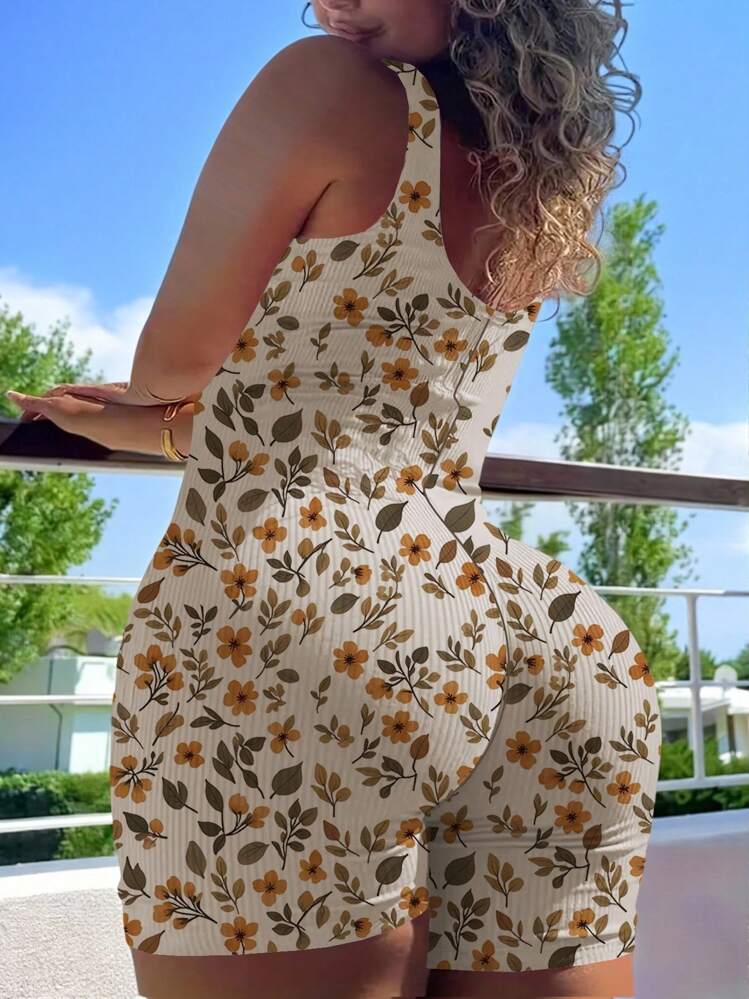 INAWLY 大码女式花卉印花无袖连体衣，适合夏季 - 卡其色 - 查看 1