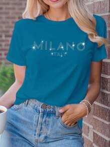 SHEIN Unity 女款 MILANO ITALY 字母印花 T 恤短袖休闲上衣 MILAN ITALY 图案 T 恤女款上衣