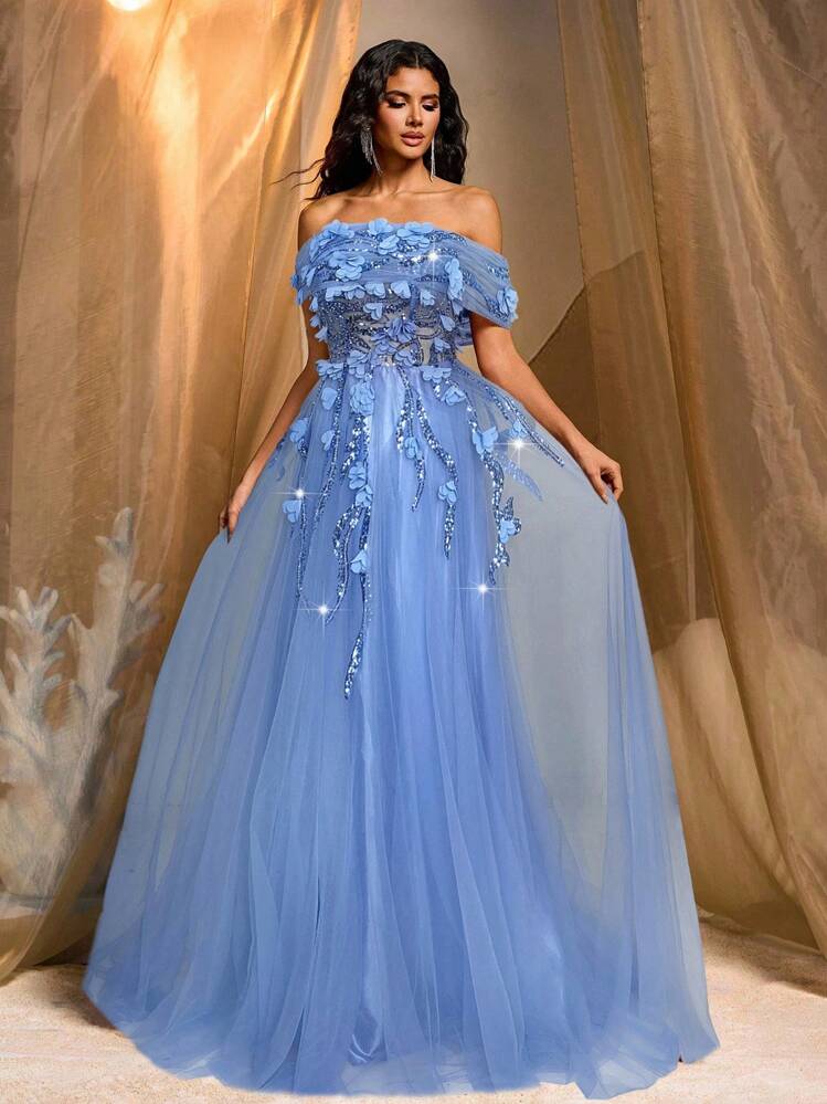 Glamrae Elegant Luxurious 3D Floral Embroidery Lace Patchwork Tulle Maxi Skirt, Suitable For Wedding, Party, Vacation, Ball Gown (Heavy Embroidery) - Blue - View 6