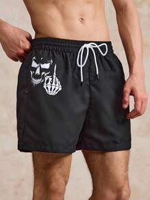 Surfspeed 男士骷髅印花速干宽松抽绳休闲沙滩短裤，时尚度假风，百搭及膝短裤 - 黑色 - 查看 5