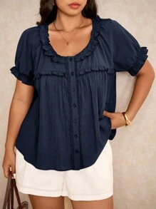 Elaquor Plus Size Women's Solid Color Frill Trim Round Neck Single-Breasted Short Sleeve Casual Shirt Spring To Summer - Navy Blue - View 8
