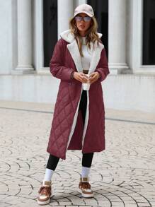 SHEIN Cottnline Women's Solid Color Long Padded Coat With Fleece Lining And Turn Down Collar - Violet Purple - View 3