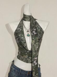 SHEIN ICON Y2k V 领西部女式波西米亚海滩女式嬉皮夏季外出复古佩斯利印花女式全身花卉印花垂坠性感吊带背心，夏季度假休闲 - 綠色 - 查看 4