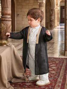 3pcs Baby Boy Summer Casual Elegant Black Mid-Length Robe, Including White Collared Short Sleeve Shirt And White Casual Pants 3-Piece Set, Suitable For Birthday Party, Evening Event, Performance, Wedding, Baby Shower, Christening And 1st Birthday Celebration