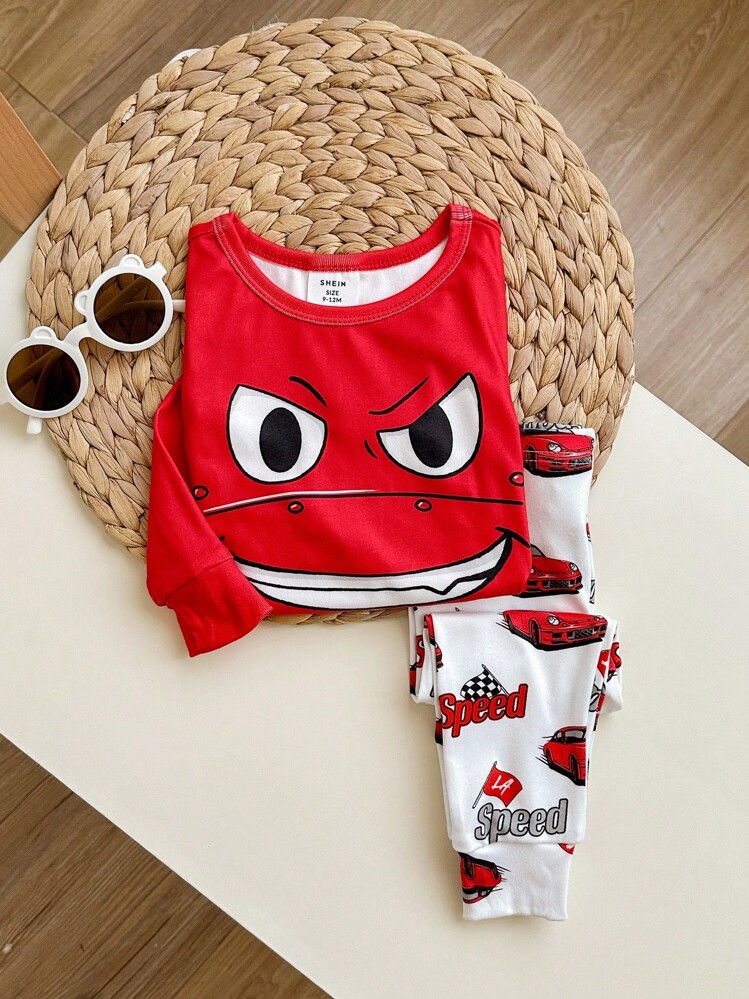 Baby Boy Snug Fit Cartoon Expression Printed Long Sleeve T-Shirt And Car Pattern Knit Pants Pajama Set, 2pcs - Red - View 6