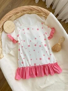 Pijama con patrón de gatos y bloque de color para bebé niña con cuello redondo y puños de encaje, resistente al fuego - Rosa - Ver 2