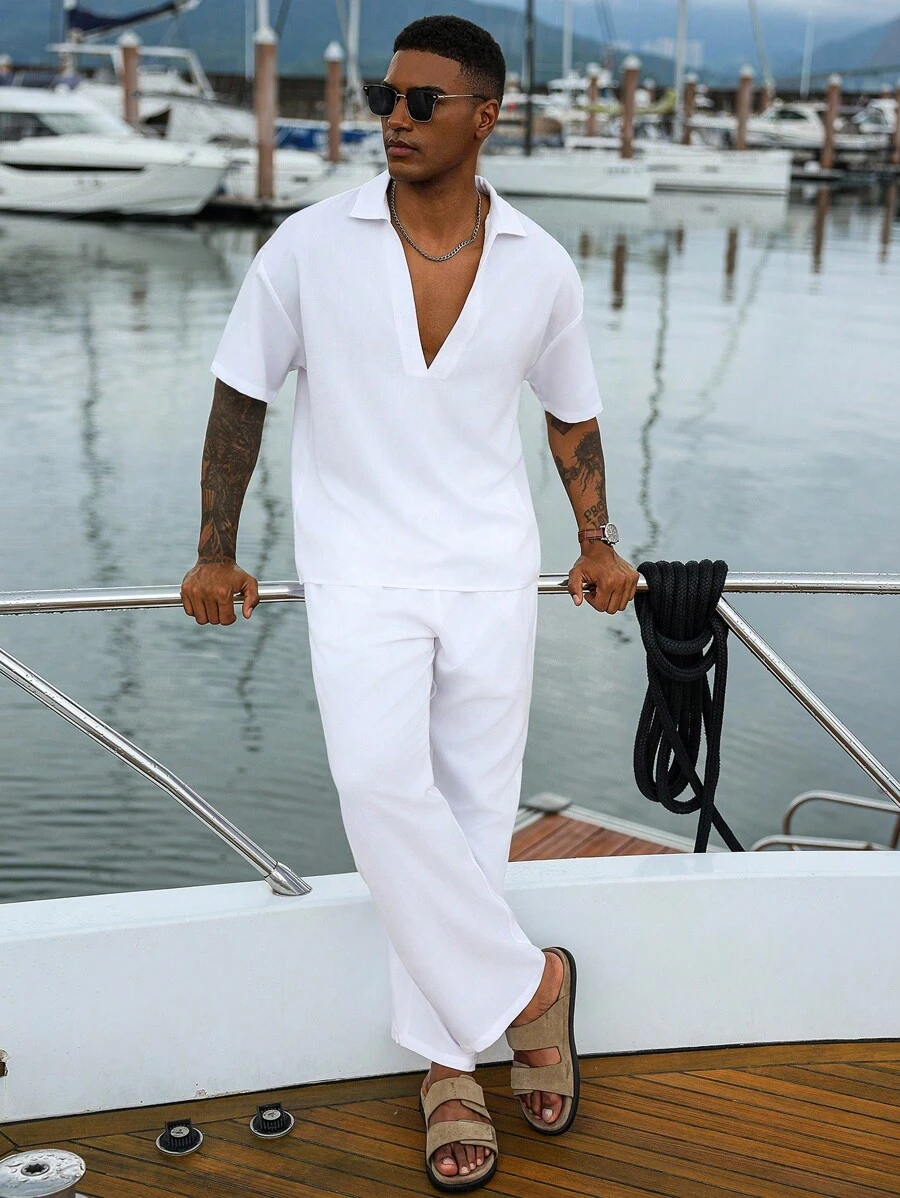 Manfinity Homme 纯白色商务套装，常规下摆和口袋细节，适合职业风格男士巡航装游艇装男士夏季度假装，Old Money - 白色 - 查看 1