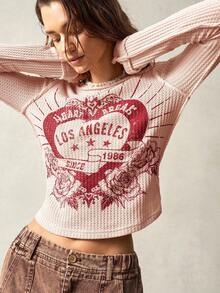 Bohemela Camiseta de mujer de manga larga, cuello redondo, de punto de unicolor, con estampado frontal central, para vacaciones