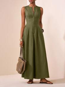 Zivah 2025夏秋新款休闲优雅绿色圆领无袖半开拉链大A字伞裙女式超长连衣裙，日常、购物、返校、穿搭、度假、派对、聚会、通勤皆宜。 - 橄欖綠 - 查看 3