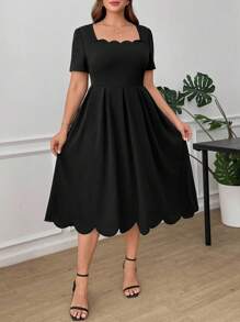 Ellevyn 加大码优雅女士连衣裙，方领，贝壳边，纯色 - 黑色 - 查看 3