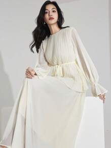 Heiryn 女士纯色褶裥喇叭袖衬衫和半裙优雅两件套，适合秋季穿着，也适合约会之夜、婚礼宾客、国庆节等场合。 - 杏色 - 查看 7