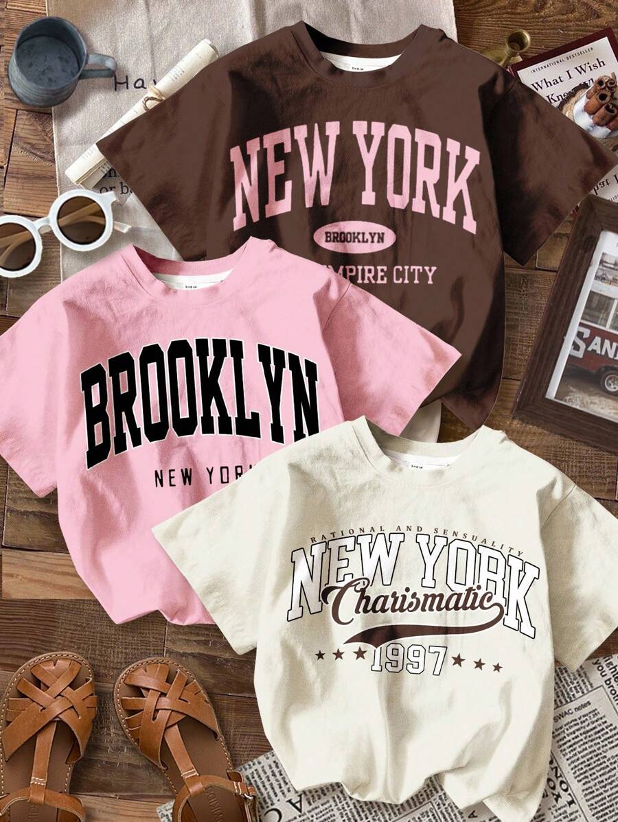 SHEIN Leap Crew 4 件套青少年女孩休闲复古淡紫色、复古奶油粉色、奶油白色、复古学院字母印花简约短袖圆领 T 恤，适合夏季