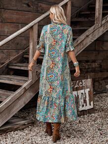 LanaWest Women's Bohemian Style Printed Mid-Sleeve Dress,Ladies Boho Fringe,Ruffle Hem Half Sleeve Tie Neck Loose Long Multicolor Flounce Sleeve All Over Print,Paisley Smock Women Long Dresses,Spring/Fall,Casual Daily Wear Maxi Women Outfit