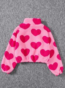 SHEIN Tween Girls' Loose Casual Fuzzy Heart Zipper Warm Jacket,In Fall/Winter